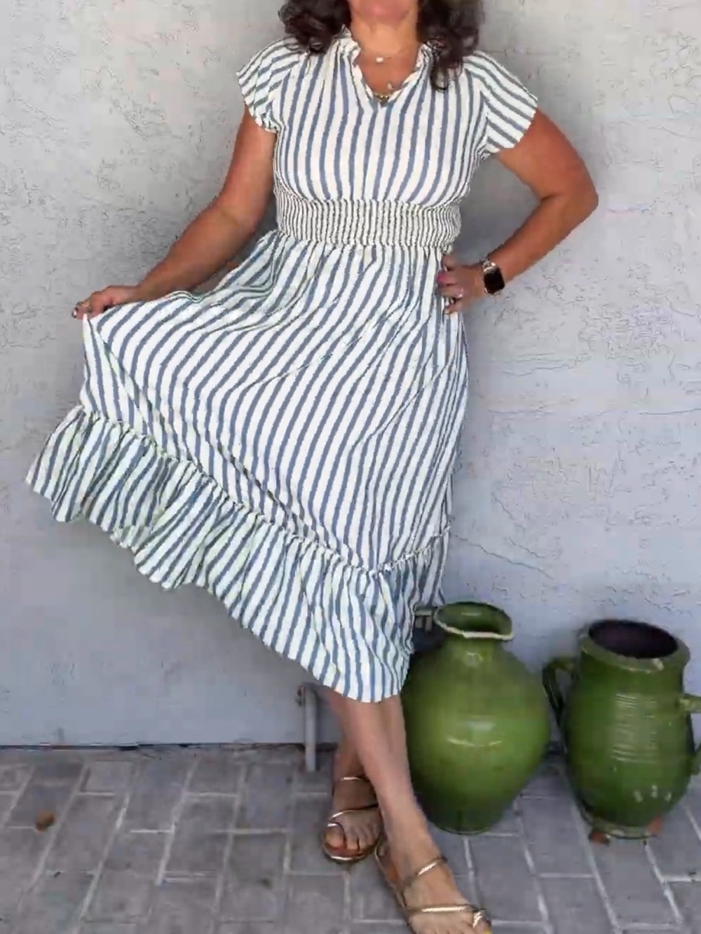 Cupshe White and Navy Vertical-Stripe Smocked Maxi Dress